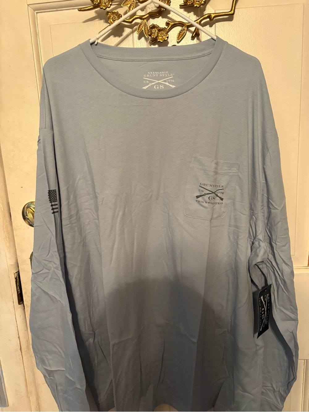 Grunt Style Men's Light Blue Long Sleeve Pocket Tee with Sleeve Flag